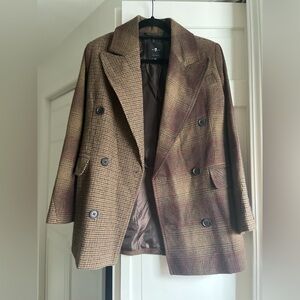 7 For All Mankind Brown Plaid Double Breasted wool blend Pea Coat